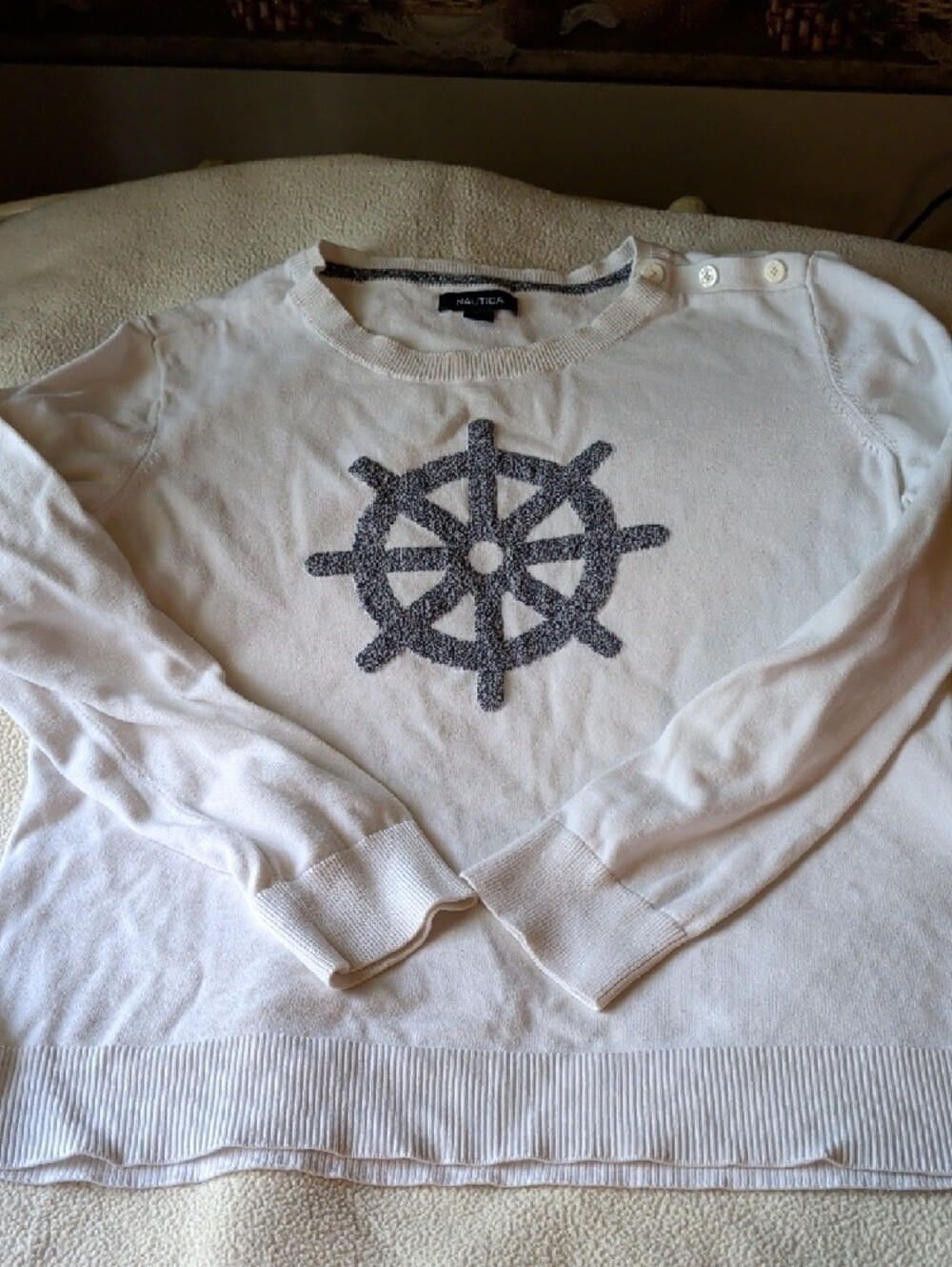 Nautica White Sweater with Navy Ship Wheel Applique - Picture 3 of 5